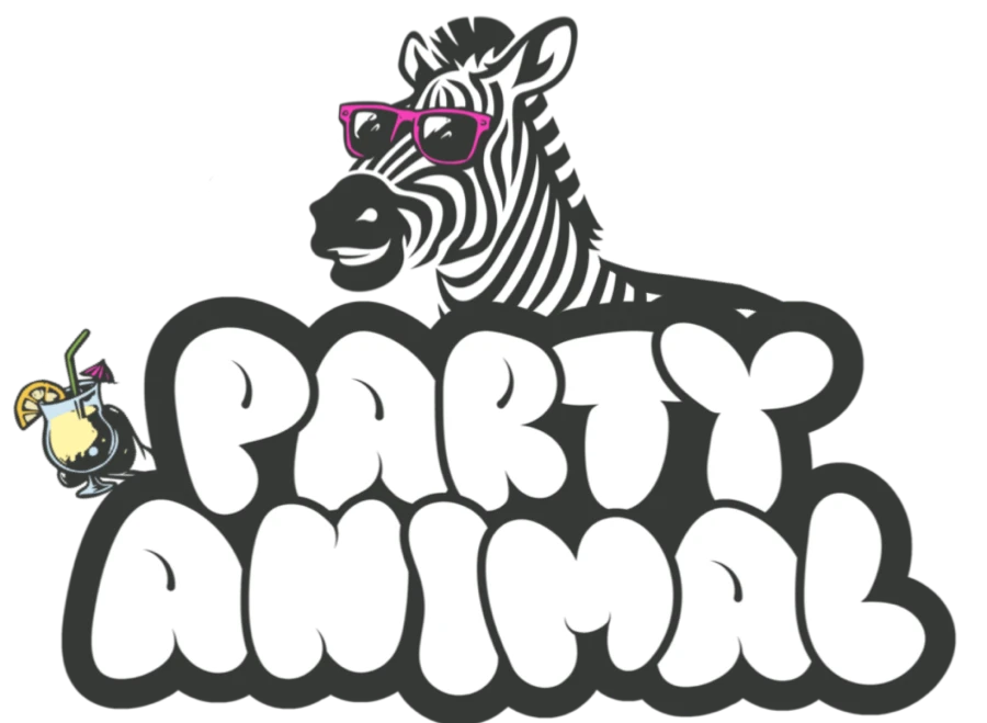 Party Animal logo with the zebra mascot in pink sunglasses